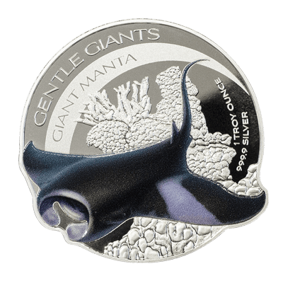 A picture of a 1 oz Silver Giant Manta Coin - Gentle Giants